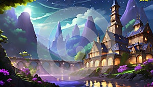 fantasy illustrated landscape with river and houses