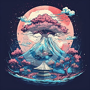 Fantasy illustration of bonsai tree infant of mount Fuji with trees, mountains, clouds. AI generated.