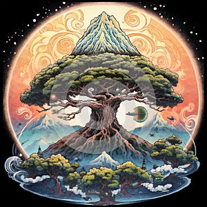 Fantasy illustration of bonsai tree infant of mount Fuji with trees, mountains, clouds. AI generated.