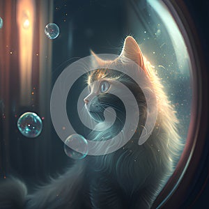 Fantasy illustration of a cat with soap bubbles on a dark background.