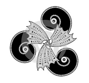 Fantasy illustration of Celtic disk symbol. Luxury ornate triple trickle spiral. Print for logo, icon, tattoo. Ethnic geometric