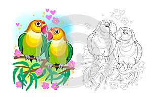 Fantasy illustration of couple of romantic parrots lovebirds. Colorful and black and white page for coloring book.