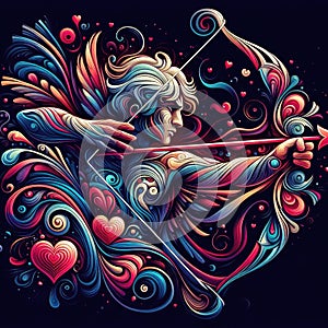 Fantasy illustration of cupid holding bow and aiming or shooting arrow