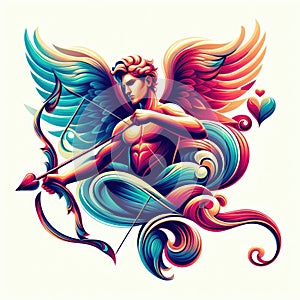 Fantasy illustration of cupid holding bow and aiming or shooting arrow
