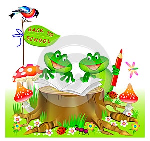 Fantasy illustration of cute little frogs learning to read and to write. Back to school. Cover for children school textbook. photo
