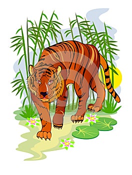 Fantasy illustration of cute tiger in fairyland jungle. Cover for children fairy tale book. Modern print for kids. Printable flat photo
