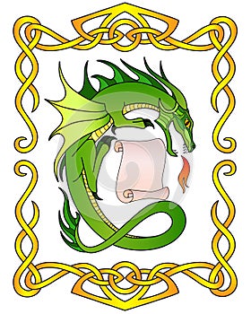 Fantasy illustration - dragon with a framed scroll - vector full color picture. Fire breathing green dragon and scroll with copy s