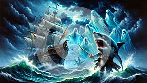 Fantasy Illustration of a Ghost Ship and Giant Shark