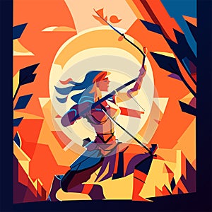 Fantasy illustration of a girl with a bow and arrow in her hands. Vector illustration Generative AI