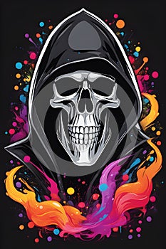 Fantasy illustration of grim reaper, graphic design, t-shirt, hoodie, colorful tones, dark smoke explotion, black background