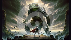 Fantasy Illustration of a Knight Confronting a Frog Warrior