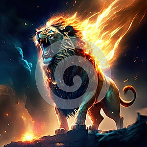 Fantasy illustration of a lion with a flaming fire in the background Generative AI animal ai