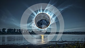 Fantasy Illustration Of A Lunar Eclipse With Light Streams Above A Misty River At Dawn