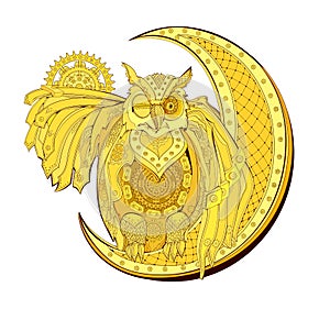 Fantasy illustration of magic gold steam-punk owl. Fairyland bird. Stylized print for logo, label, icon, t-shirt. Abstract