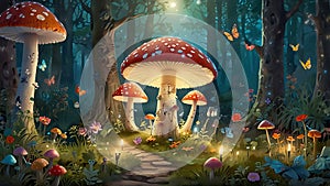 Fantasy Illustration Magic Toadstools Butterflies