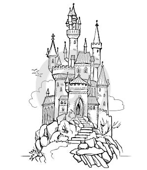 Fantasy illustration of medieval castle. Fairyland kingdom. Black and white page for coloring book. Worksheet for drawing and