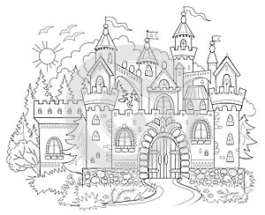 Fantasy illustration of medieval castle. Fairyland kingdom. Black and white page for kids coloring book. Worksheet for drawing and