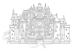 Fantasy illustration of medieval European castle. Fairyland kingdom. Black and white page for kids coloring book. Worksheet for