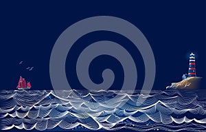 Fantasy illustration of night sea. Stormy waves form abstract silver lines meandering. Seascape with lighthouse and sailboat.