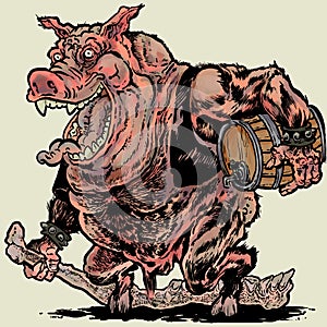 Fantasy Illustration of Pig Monster with Jawbone and Beer keg