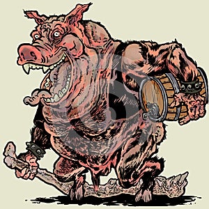 Fantasy Illustration of Pig Monster with Jawbone and Beer keg photo