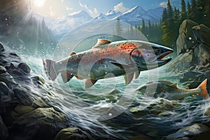 Fantasy illustration of a trout in the middle of the river, spawning salmon in a beautiful river, AI GeneratedFantasy illustration photo