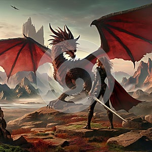 Fantasy illustration of a woman knight with sword confronting a red-winged dragon in a rocky landscape.