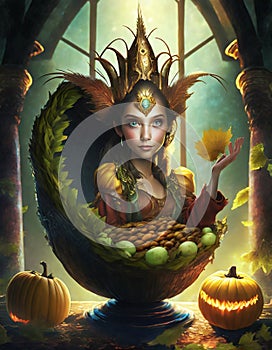 fantasy image with harvested vegetables as cornucopia for thanksgiving