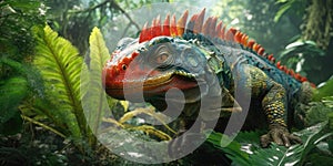 Fantasy image of a triceraptor in the jungle. Dinosaur. Generative AI