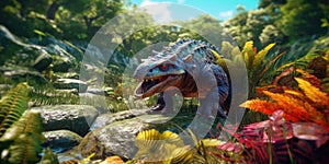 Fantasy image of a triceraptor in the jungle. Dinosaur. Generative AI