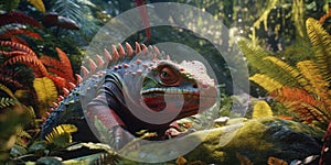 Fantasy image of a triceraptor in the jungle. Dinosaur. Generative AI