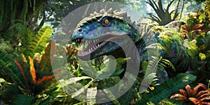 Fantasy image of a triceraptor in the jungle. Dinosaur. Generative AI