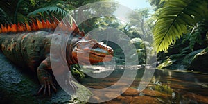 Fantasy image of a triceraptor in the jungle. Dinosaur. Generative AI