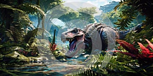 Fantasy image of a triceraptor in the jungle. Dinosaur. Generative AI