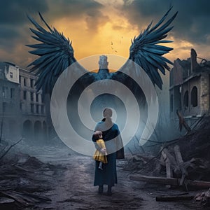 Fantasy image of Ukraine woman and baby with big wings generative AI photo