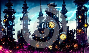 Fantasy industrial city scene with clock towers, gears and mechanisms