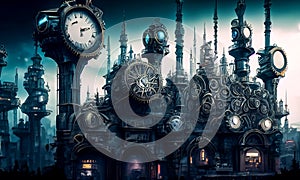 Fantasy industrial city scene with clock towers, gears and mechanisms