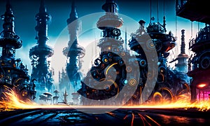 Fantasy industrial city scene with clock towers, gears and mechanisms