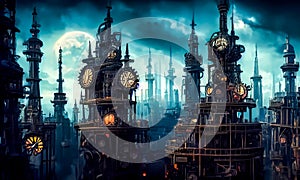 Fantasy industrial city scene with clock towers, gears and mechanisms