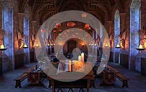 A fantasy interior scene from a wizard\'s academy dining room