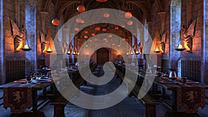 A fantasy interior scene from a wizard\'s academy dining room