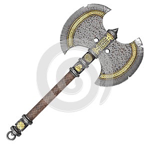 Fantasy iron ax on an isolated white background. 3d illustration