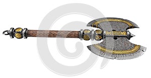 Fantasy iron ax on an isolated white background. 3d illustration