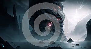 fantasy island environment with scary and horrifying structural elements