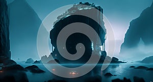 fantasy island environment with scary and horrifying structural elements