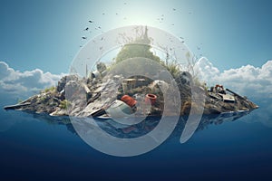 Fantasy island floating in the sea. 3d render illustration, Environmental disaster concept, Plastic Island or Great Pacific