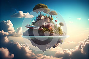 Fantasy island floating in the sky. 3d render illustration.