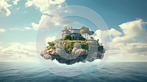 Fantasy island in the sea. 3D illustration. Vintage style. generative ai