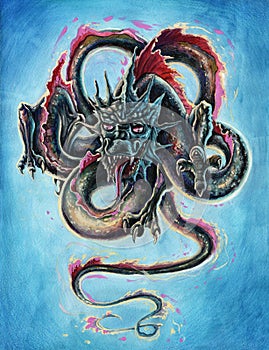 Fantasy Japanese dragon illustration, hand drawn flying Chinese snake painting art, watercolor fire breathing reptile illustration