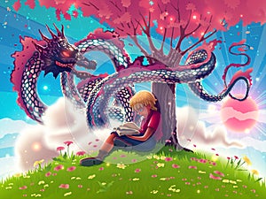 Fantasy Japanese dragon with young boy reading interesting book under a tree. Chinese or asian flying snake in magic garden art
